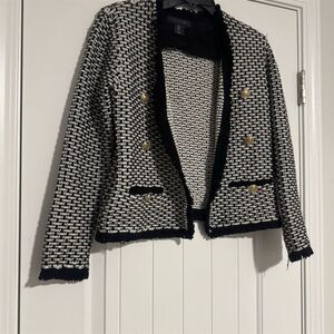 Tahari Women's Black Knit Cardigan Jacket M Open Front Gold Buttons